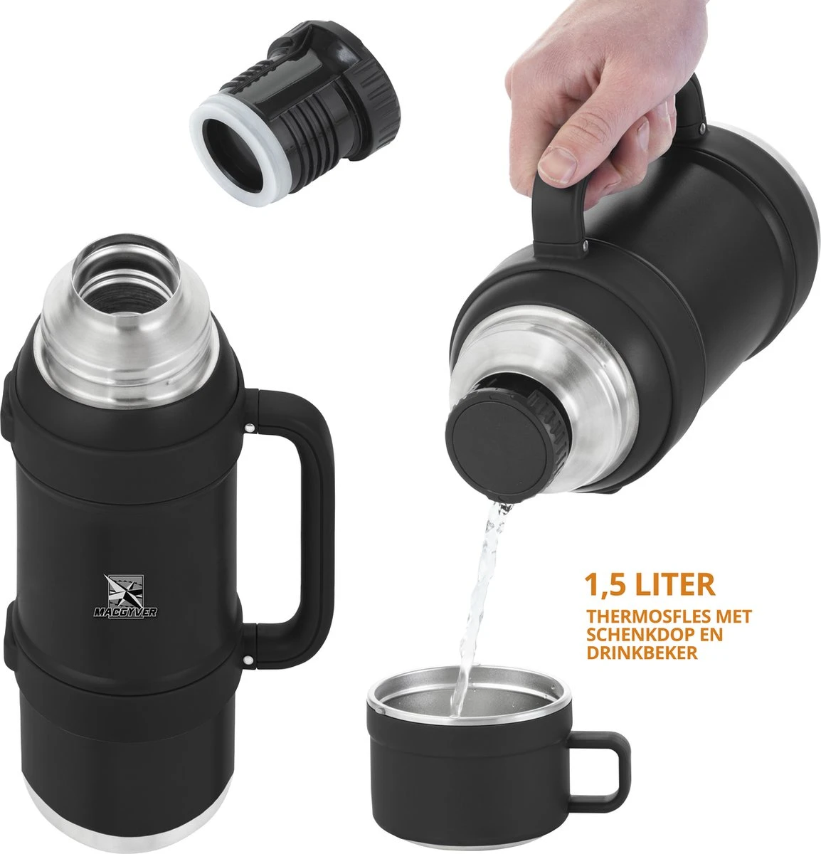 MacGyver RVS Thermoskan 1.5 Ltr – RVS Thermosbeker 0,55 Ltr - Langdurig Warm/koud - Zwart 10 MacGyver RVS Thermoskan 1.5 Ltr – RVS Thermosbeker 0,55 Ltr - Langdurig Warm/koud - Zwart - Afbeelding 10