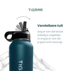 Tigrar - Waterfles - Drinkfles - Thermosfles 1 Liter Dubbelwandig - RVS - (Staal) Blauw - Incl. Extra Dop 3 Rietjes En Reiniger -Ketelwinkel 1198x1200