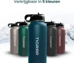 Tigrar - Waterfles - Drinkfles - Thermosfles 1 Liter Dubbelwandig - RVS - (Staal) Blauw - Incl. Extra Dop 3 Rietjes En Reiniger -Ketelwinkel 1200x1021