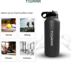 Tigrar - Drinkfles - Waterfles - Thermosfles 1 Liter - RVS - (Grafiet) Zwart - Incl. Extra Dop 3 Rietjes En Reiniger -Ketelwinkel 1200x1044 2