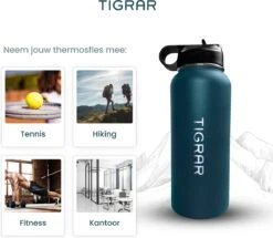 Tigrar - Waterfles - Drinkfles - Thermosfles 1 Liter Dubbelwandig - RVS - (Staal) Blauw - Incl. Extra Dop 3 Rietjes En Reiniger -Ketelwinkel 1200x1044