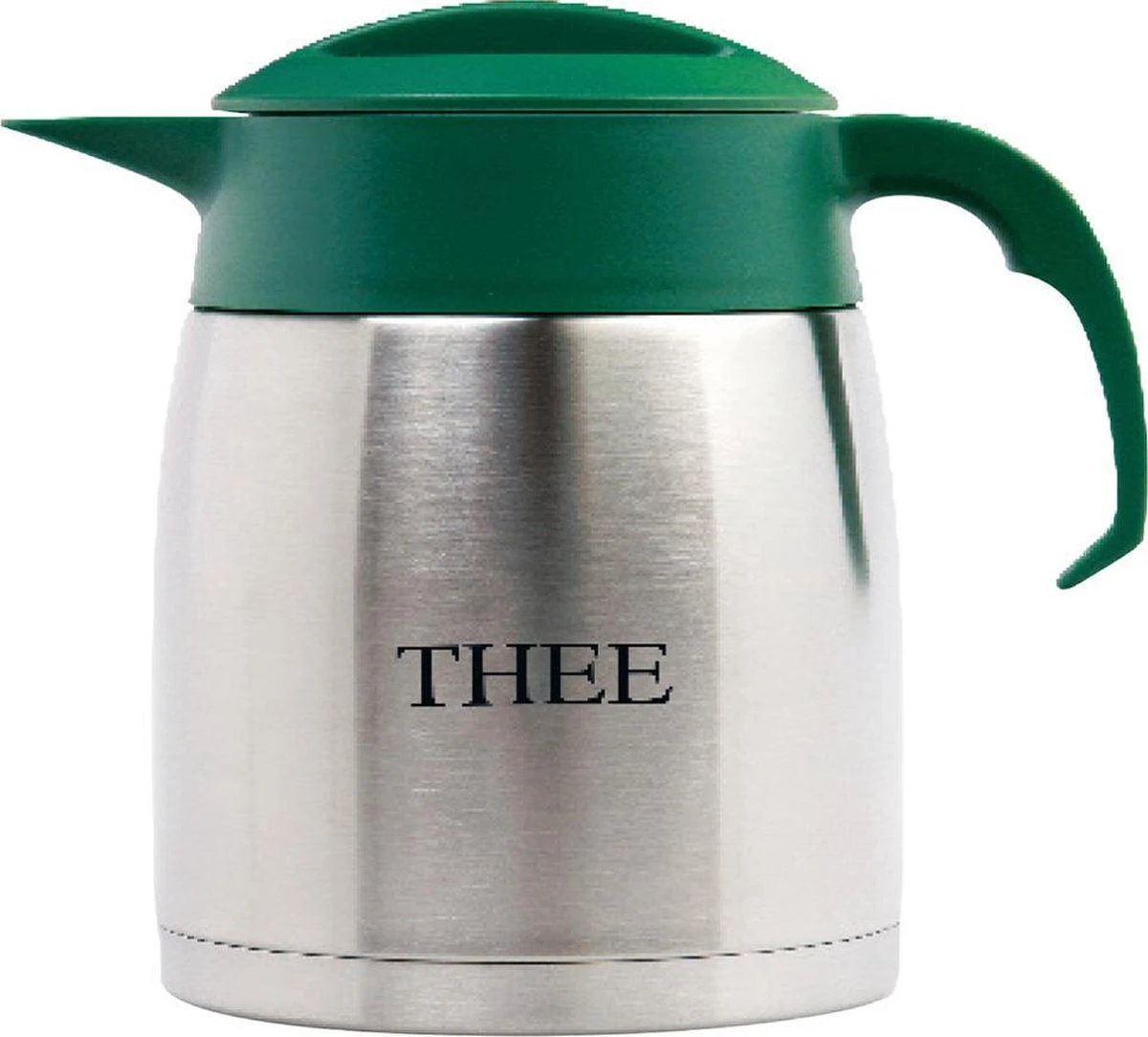 Isoleerkan EasyClean 1,2 Liter Rvs Met Opschrift THEE En Groen Kunststof Dop En Handgreep 1 Isoleerkan EasyClean 1,2 Liter Rvs Met Opschrift THEE En Groen Kunststof Dop En Handgreep