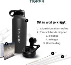 Tigrar - Drinkfles - Waterfles - Thermosfles 1 Liter - RVS - (Grafiet) Zwart - Incl. Extra Dop 3 Rietjes En Reiniger -Ketelwinkel 1200x1092