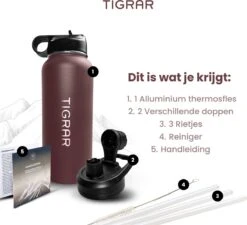 Tigrar - Waterfles Met Rietje - Drinkfles 1 Liter - Thermosfles - RVS - Rood - Incl. Extra Dop, 3 Rietjes En Reiniger -Ketelwinkel 1200x1093 1