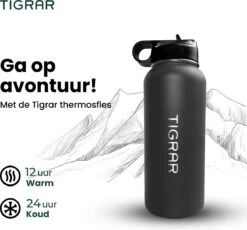 Tigrar - Drinkfles - Waterfles - Thermosfles 1 Liter - RVS - (Grafiet) Zwart - Incl. Extra Dop 3 Rietjes En Reiniger -Ketelwinkel 1200x1116 1