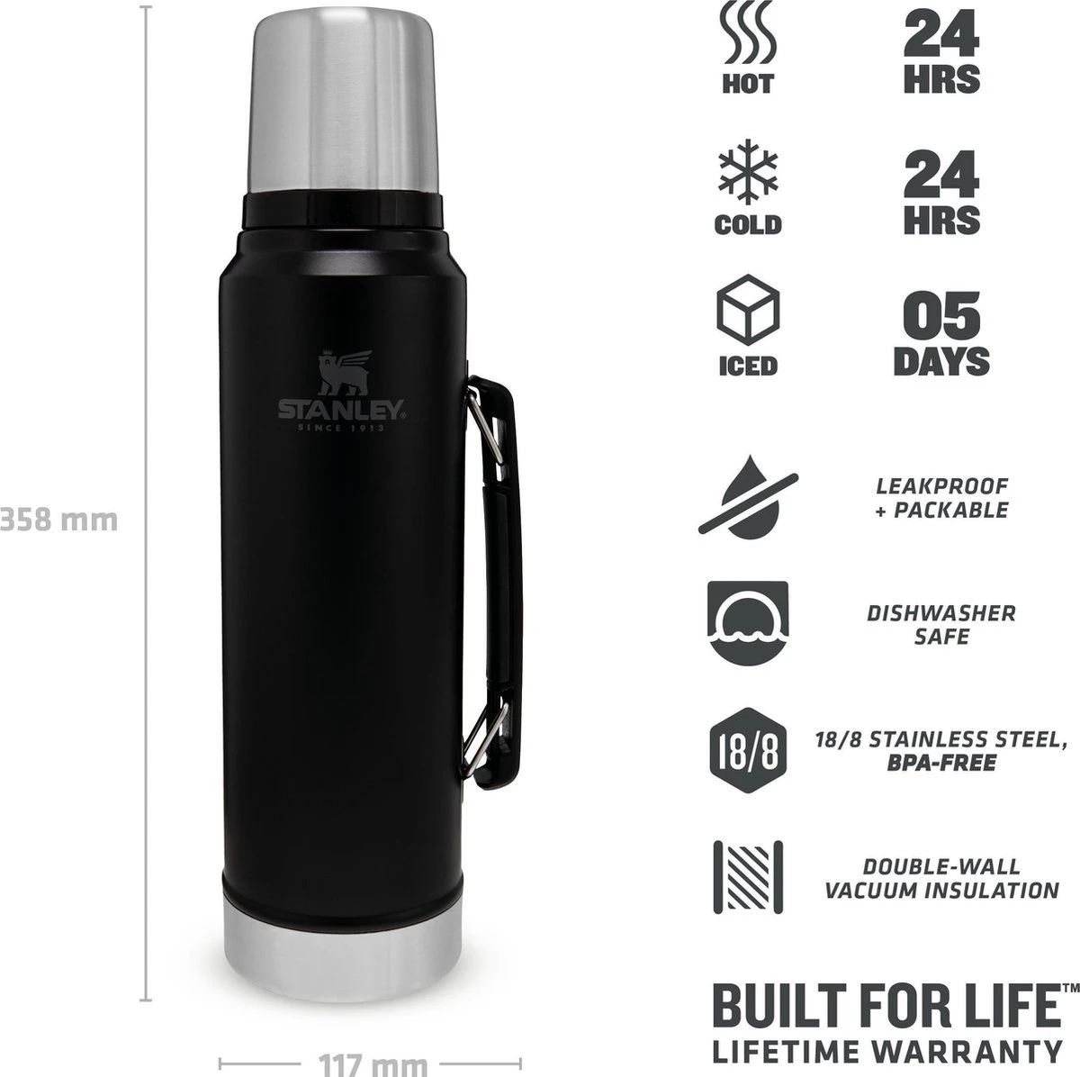 Stanley The Legendary Classic Bottle 1,00L - Thermosfles - Matte Black 3 Stanley The Legendary Classic Bottle 1,00L - Thermosfles - Matte Black - Afbeelding 3