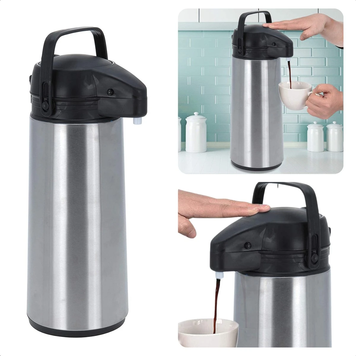 Cheqo® Thermos Pomp - 1.8L Roestvrij Staal - Isoleerkan Met Pomp - Thermoskan Met Pomp - Zwarte Dop & Handvat - Houdt 6 Uur Warm - 1800ml - Afmeting 17x14x36cm 1 Cheqo® Thermos Pomp - 1.8L Roestvrij Staal - Isoleerkan Met Pomp - Thermoskan Met Pomp - Zwarte Dop & Handvat - Houdt 6 Uur Warm - 1800ml - Afmeting 17x14x36cm