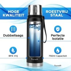 TravelR Thermosfles - Thermoskan - Drinkfles - Isoleerfles - BPA Vrij - Roestvrij Staal - 750 ML - Mat Zwart -Ketelwinkel 1200x1200 208