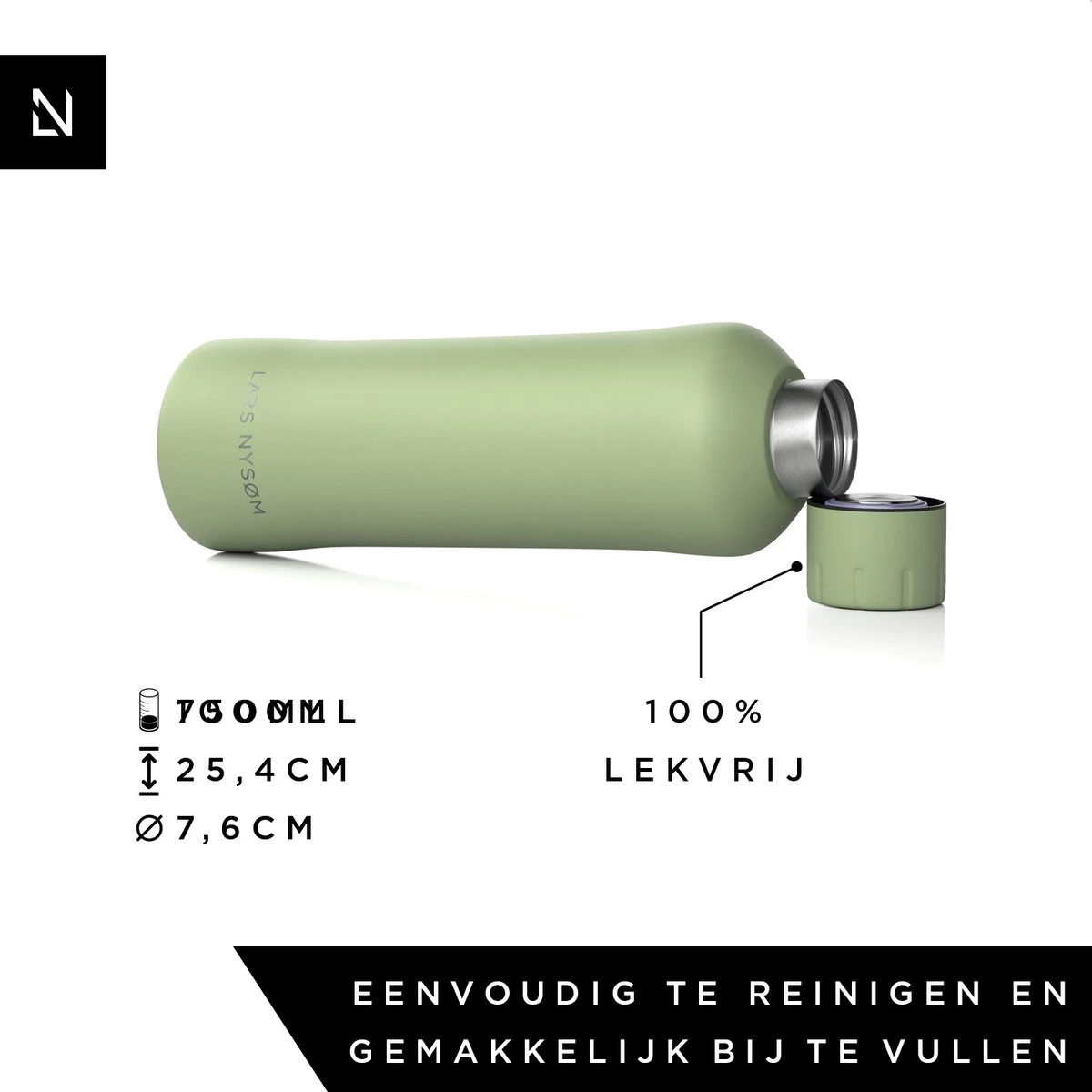 LARS NYSØM Roestvrijstalen Drinkfles 'Bølge' 750ml Sage 3 LARS NYSØM Roestvrijstalen Drinkfles 'Bølge' 750ml Sage - Afbeelding 3