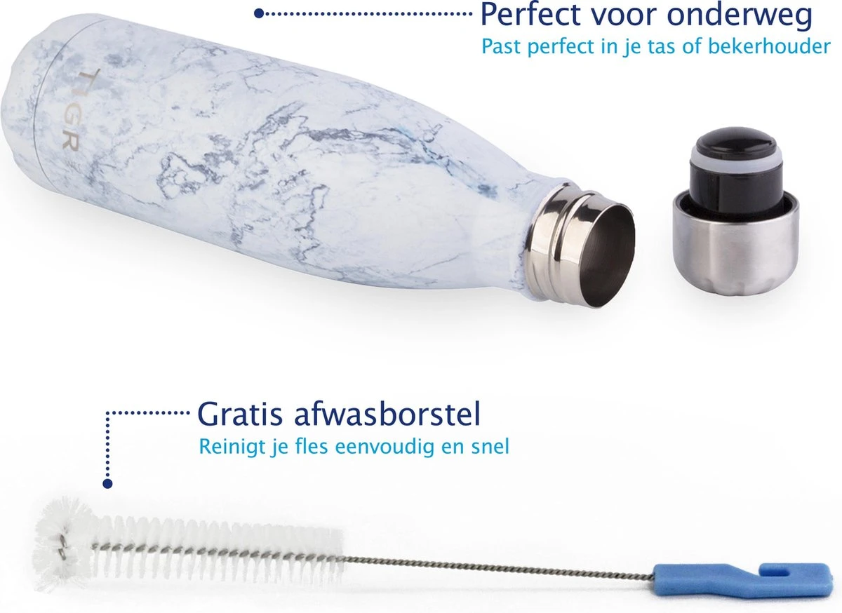 TIGR The Original - Drinkfles - Thermosfles - RVS - 500ml - Marmer - Met Afwasborstel 4 TIGR The Original - Drinkfles - Thermosfles - RVS - 500ml - Marmer - Met Afwasborstel - Afbeelding 4