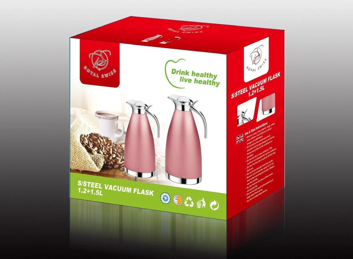 Royal Swiss - Thermoskan - Set Van Twee 1,2 Liter En 1,6 Liter - Thermosfles (Roze) 2 Royal Swiss - Thermoskan - Set Van Twee 1,2 Liter En 1,6 Liter - Thermosfles (Roze) - Afbeelding 2